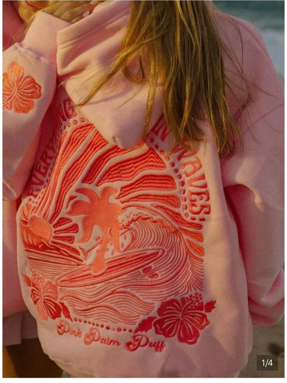 Pink Palm Puff Embroidered Hoodie Sweater - Pink